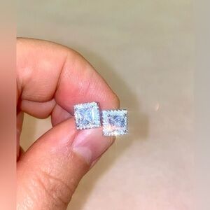 Elegant Diamond Cut CZ stones Large Square Sterling Silver stud Earrings 💕